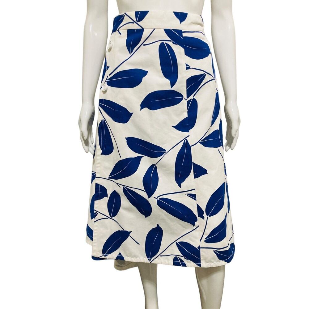 MARNI White Blue Cotton Leaf Printed Asymmetrical Midi Skirt Size 42 US 6